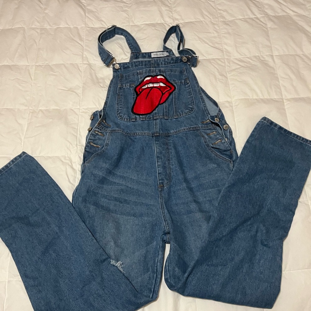 MISS LOOK Denim Overalls with Red Lips Patch